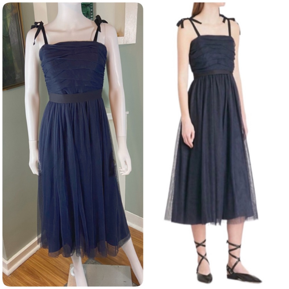 Sandro Paris Bishop Navy Blue Tulle Mesh Midi Dress 36 XS/S Ruched Sundress